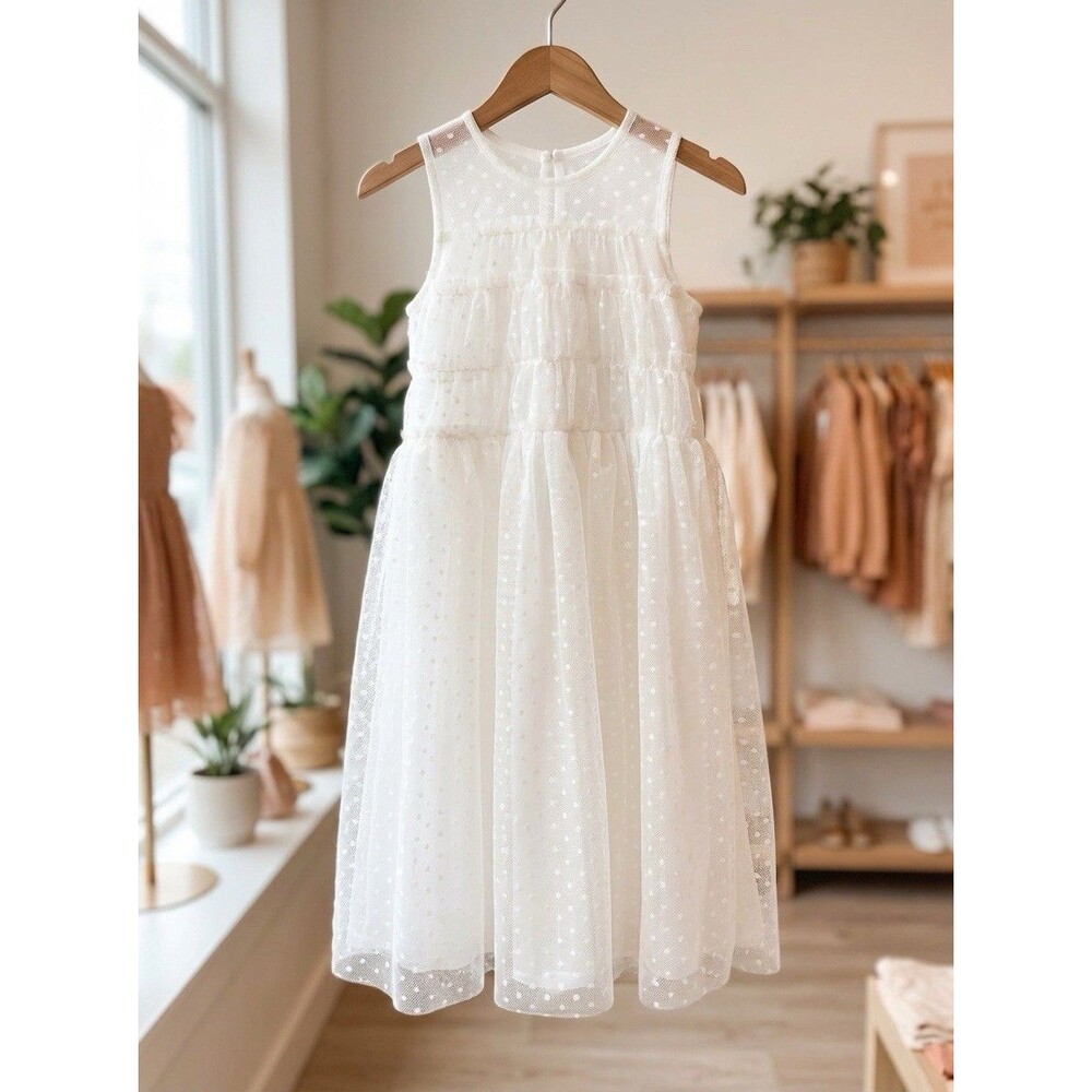 Girls Semi Sheer Swiss Polka Dot Ivory Tulle Overlay Mesh Wedding Princess 8 NWT